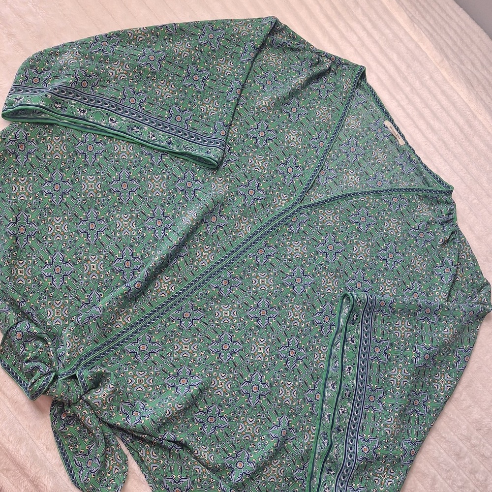 Kimono Popover Blouse Womens 3X  Kelly Green Abstract Floral Tie Hem Asian Flowy
